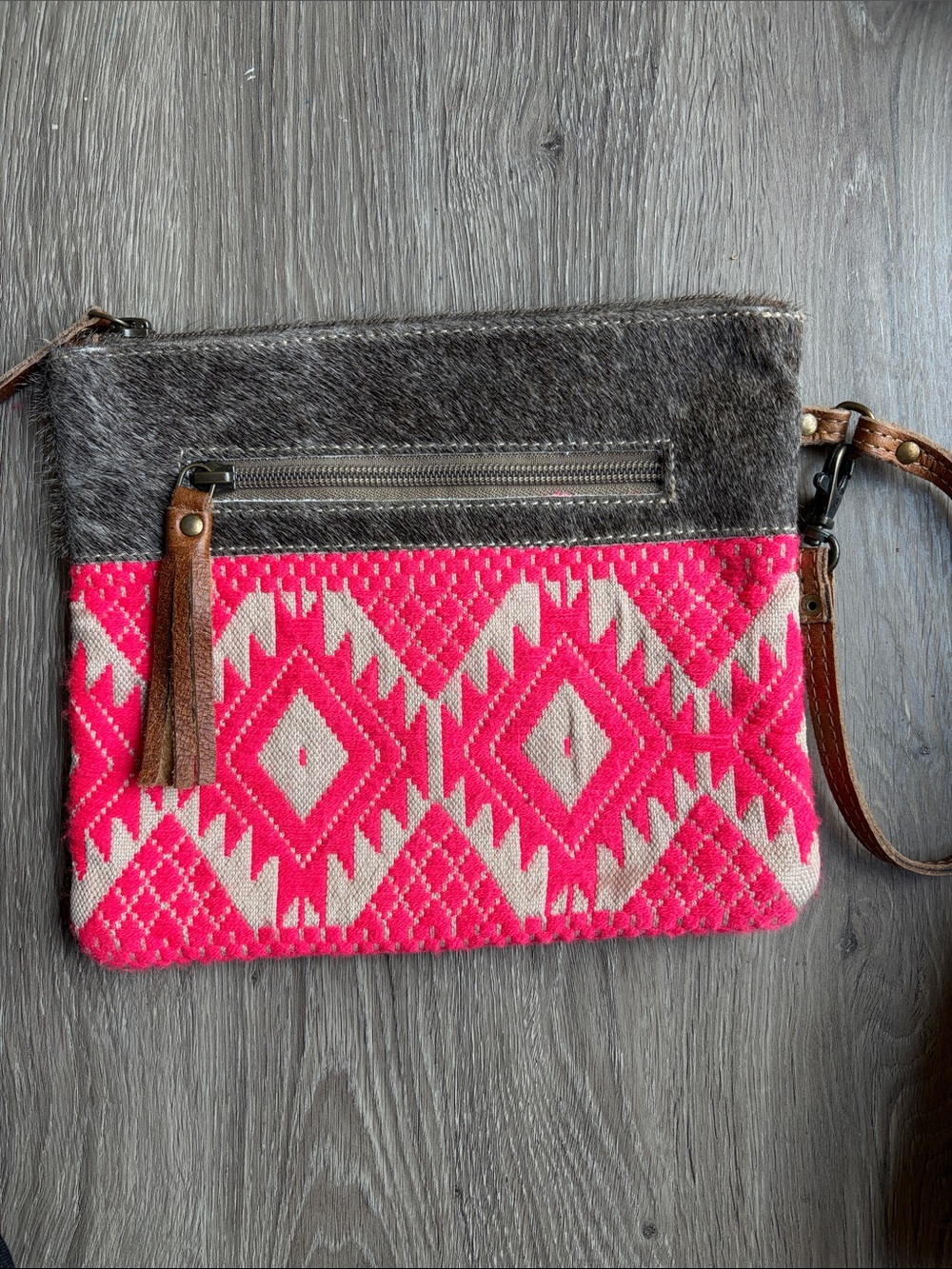 Myra Bag Pink and Cream Aztec Wristlet Brown Leather Strap Fringe Zipper